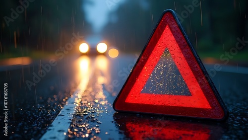 Red Emergency Triangle Reflecting in the Rain at Night