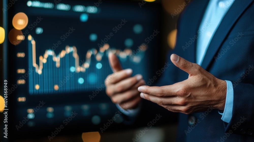 A business professional gestures in front of a digital screen displaying financial graphs and data analytics. A business professional gestures in front of a digital screen displaying financial graphs and data analytics.