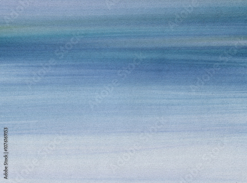 Blue and white painting of a body of water with a horizon line