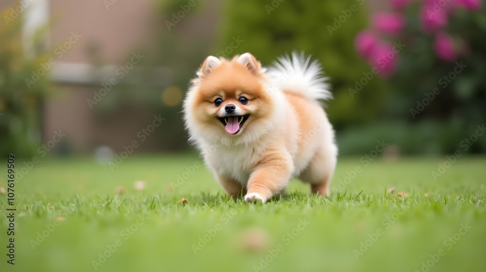 A Pomeranian dog is happily playing in the garden. A Pomeranian dog is happily playing in the garden.