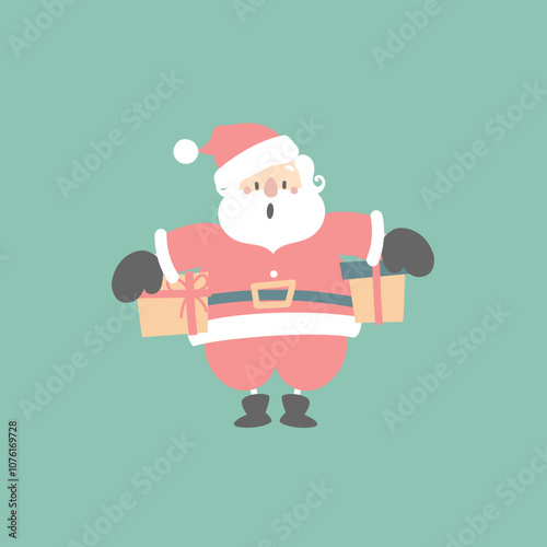 merry christmas and happy new year with cute santa claus holding present gift box, flat vector illustration cartoon character costume design