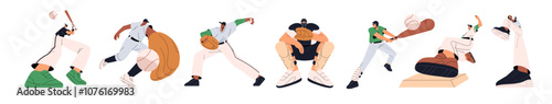 Baseball players in uniform set. Professional sportsmen play American sports game. Athletes in sportswear catch, throw and hit ball with bat. Flat isolated vector illustrations on white background