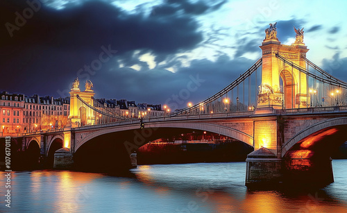 Stone bridge and river at sunset generated by AI