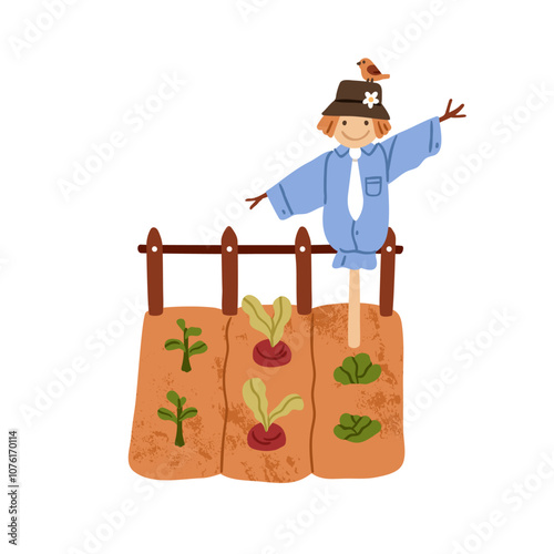 Scarecrow in vegetable garden, protecting crops, plants, harvest. Cute funny farm puppet on pole in country field. Rural agriculture scene. Flat vector illustration isolated on white background