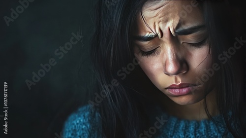 A close-up of a young woman with a pensive expression, conveying deep emotion and introspection.