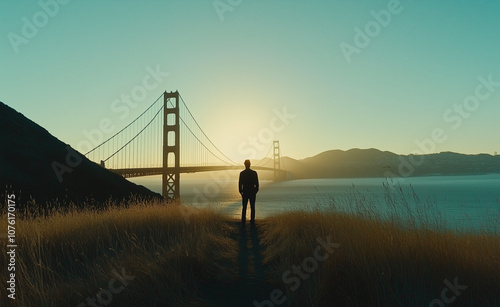 Rear view of a man looking at the bridge and the morning sun generated by AI