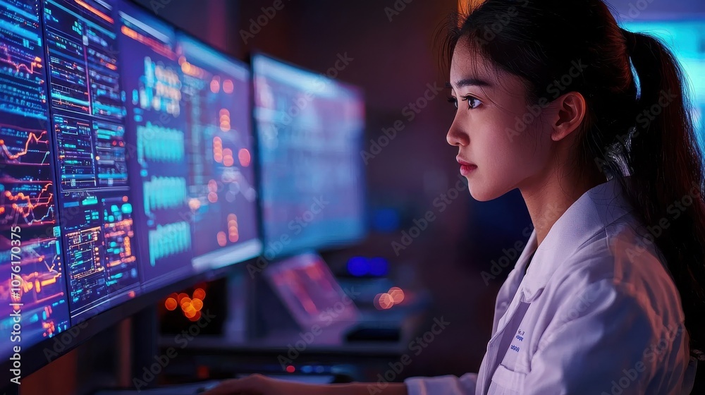 Innovative scientist analyzes data in a futuristic laboratory powered by renewable energy Innovative scientist analyzes data in a futuristic laboratory powered by renewable energy
