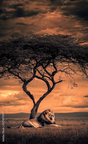 Male lion under a tree at sunset generated by AI