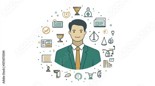 legal professional with justice icons. a suited legal professional.