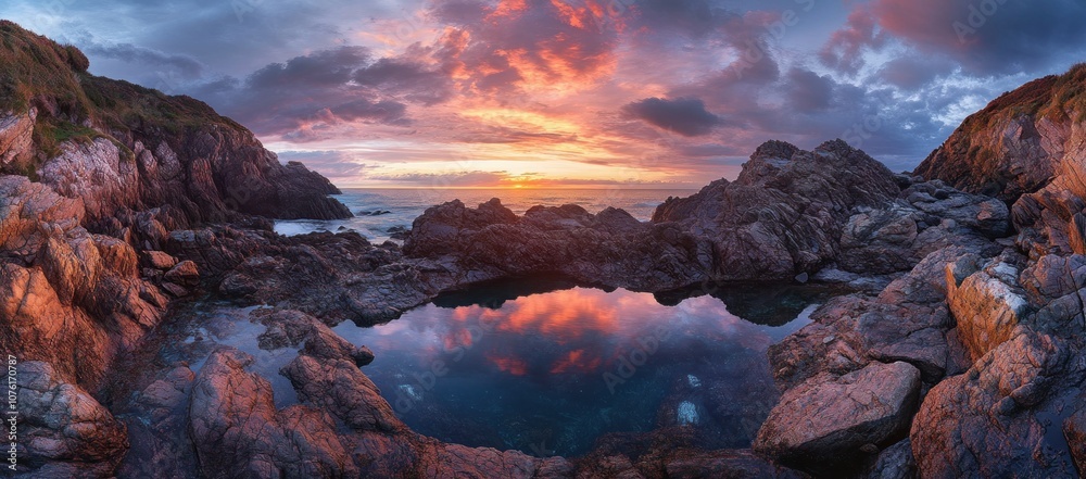 Naklejka premium Sunset Over Rocky Coastline