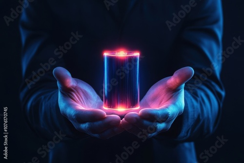 Hands cradling a glowing lithium battery, symbolizing a sustainable future and renewable energy solutions. photo