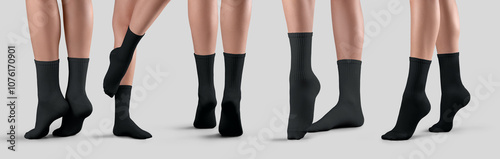 Mockup of black long socks on women's beautiful foot, with stretched feet, on tiptoes, for design, branding, front, side, back view. Set