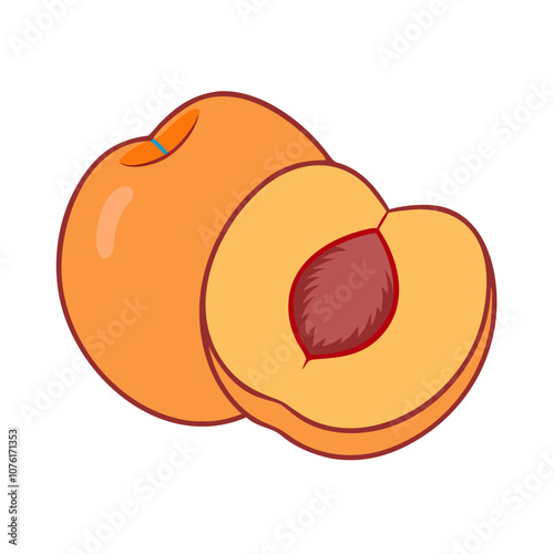 Fresh whole peach and half peach vector illustration with pit, showcasing vibrant orange and yellow colors, perfect for healthy eating, fruit, or summer-themed designs.