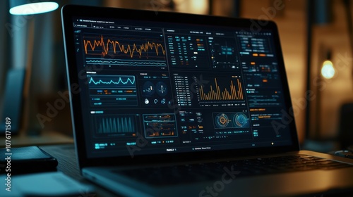 Close-up view of a laptop displaying a medical database interface with health statistics, patient data, and digital security elements in a modern workspace. Professional medical technology setup.