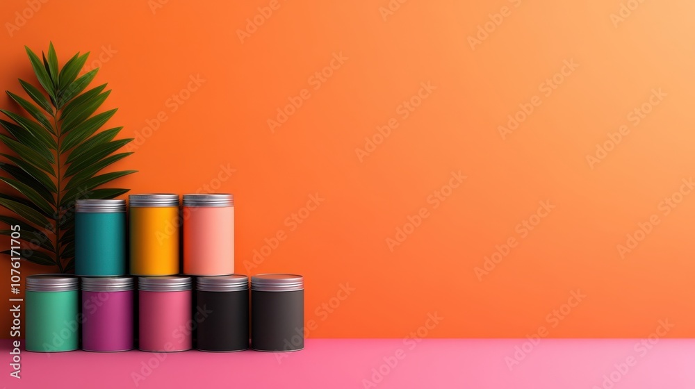 Colorful containers on vibrant background with green leaf design