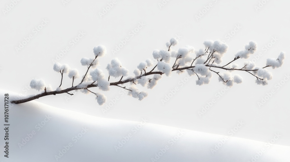 Delicate snow-covered branch against a soft winter background Delicate snow-covered branch against a soft winter background