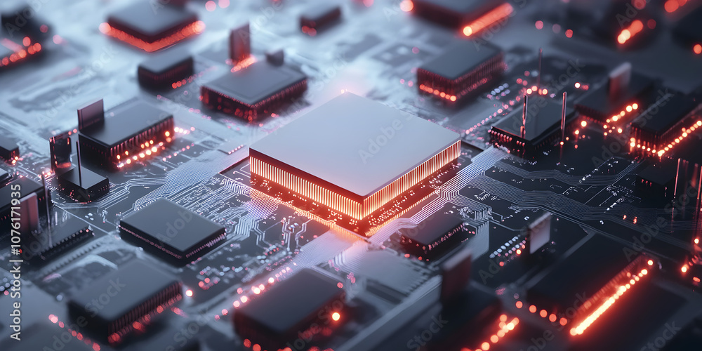 The Heart of Innovation: A close-up abstract view of a gleaming processor chip, bathed in warm red light, rests amidst a complex network of circuit boards. The Heart of Innovation: A close-up abstract view of a gleaming processor chip, bathed in warm red light, rests amidst a complex network of circuit boards.