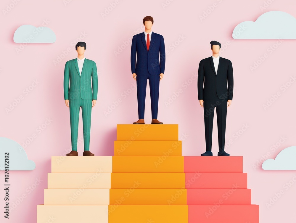 Three men in suits stand atop colorful steps against a pink background, symbolizing competition, achievement, and success. Three men in suits stand atop colorful steps against a pink background, symbolizing competition, achievement, and success.