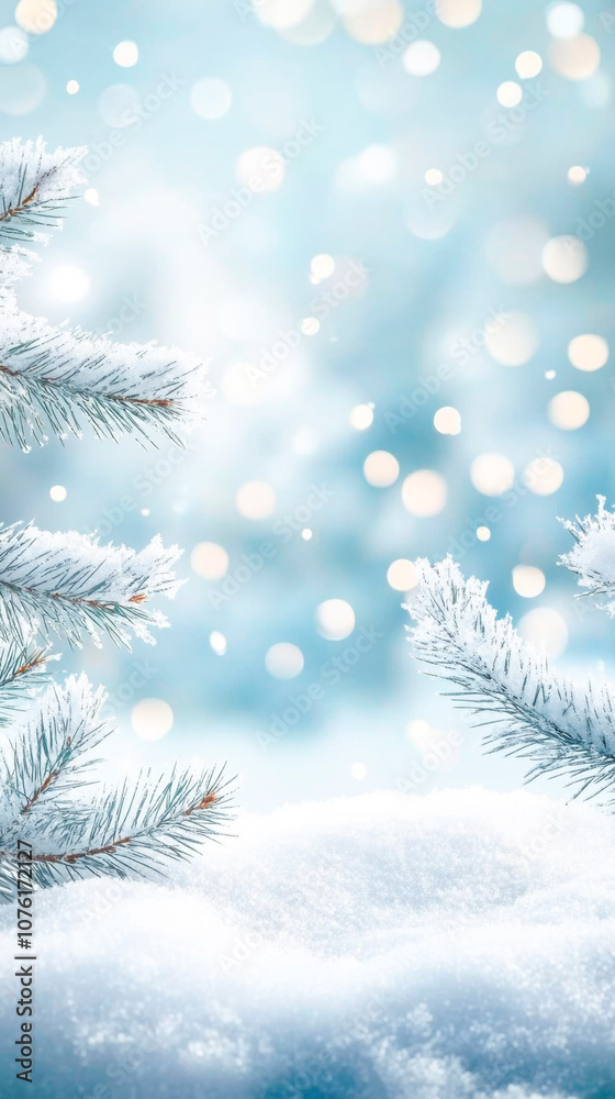 Beautiful winter background image of snow-covered fir branches close-up against a background of small snow drifts with Christmas bokeh lights, space for text Beautiful winter background image of snow-covered fir branches close-up against a background of small snow drifts with Christmas bokeh lights, space for text