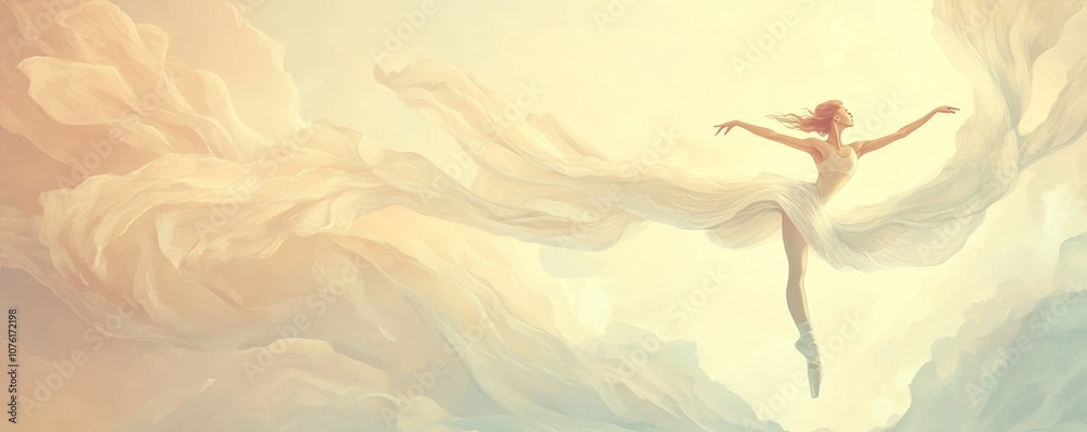Fototapeta premium A graceful dancer leaps through soft, ethereal clouds, embodying freedom and elegance.