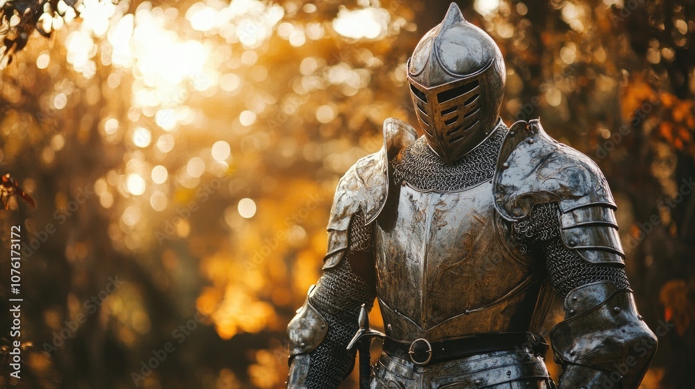 Brave knight in shining armor stands boldly, exuding strength and valor, ready for battle. The knight in shining armor captures attention against a backdrop with ample copy space. Brave knight in shining armor stands boldly, exuding strength and valor, ready for battle. The knight in shining armor captures attention against a backdrop with ample copy space.