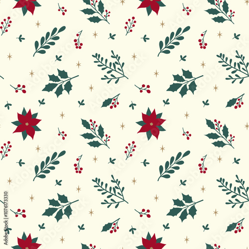 Traditional festive Christmas seamless pattern. Christmas branches with berries. Vector illustration