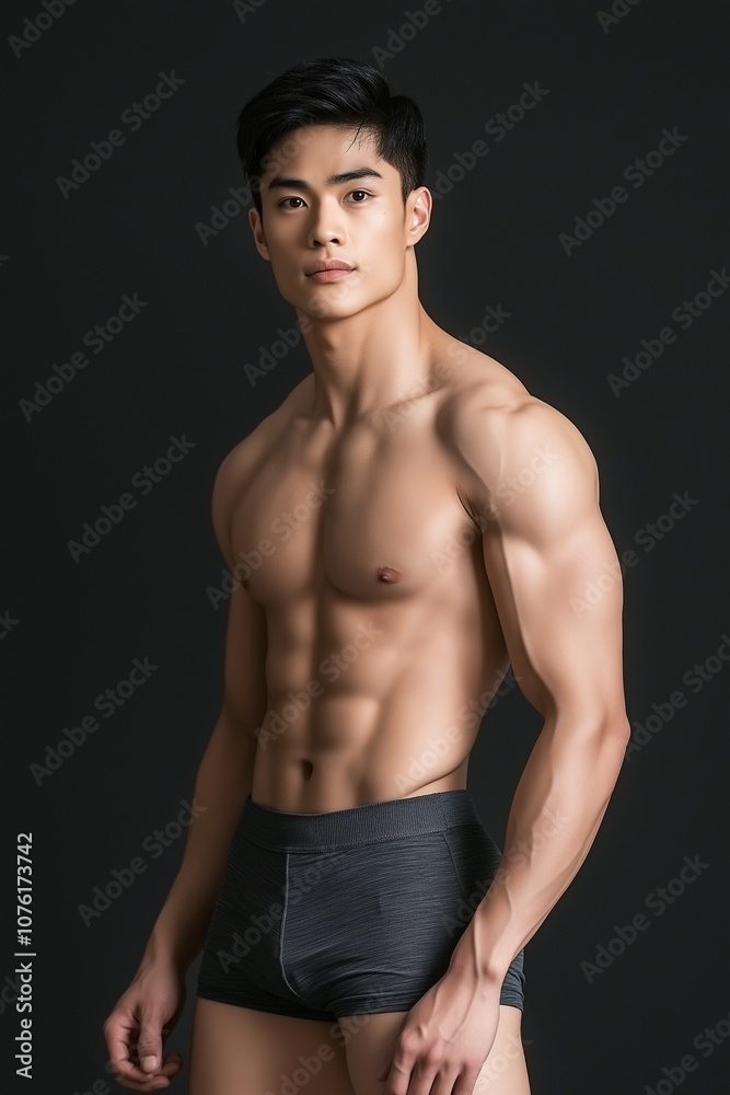 Fototapeta premium Male Model Posing in Gray Boxer Briefs, Showcasing Athletic Build and Muscular Physique Against a Dark Background in a Studio Setting