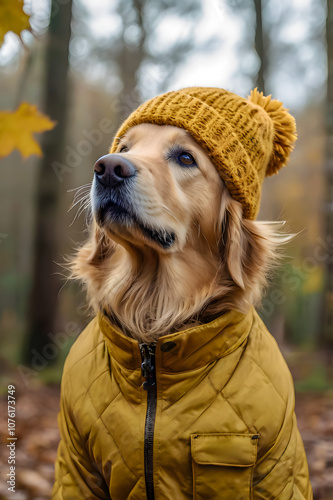 Adorable Golden Retriever in Yellow Outfit Posing in Autumn Forest