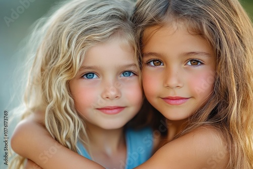 Two adorable little girls are hugging and smiling