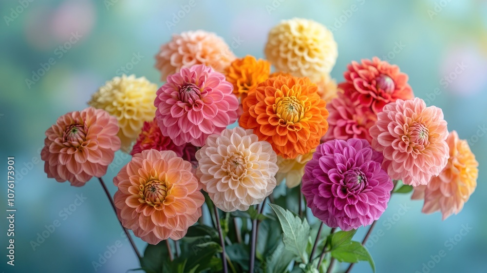 A vibrant bouquet of colorful dahlias in soft focus background. A vibrant bouquet of colorful dahlias in soft focus background.