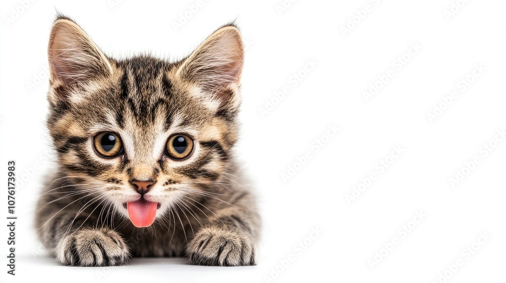 Obraz premium Adorable kitten with a yellow tongue is playful and curious, creating a charming scene. This adorable kitten captures attention, with ample space for text or design elements.