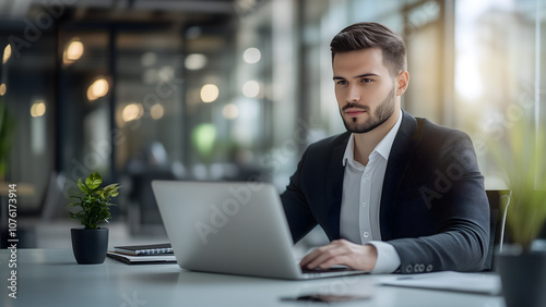 Young businessman working on a laptop in a modern office background. Corporate employee wearing business suit