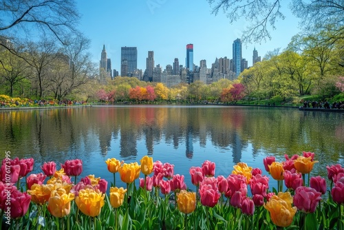 Colorful tulips blooming in central park with the new york city skyline reflecting in the pond during spring