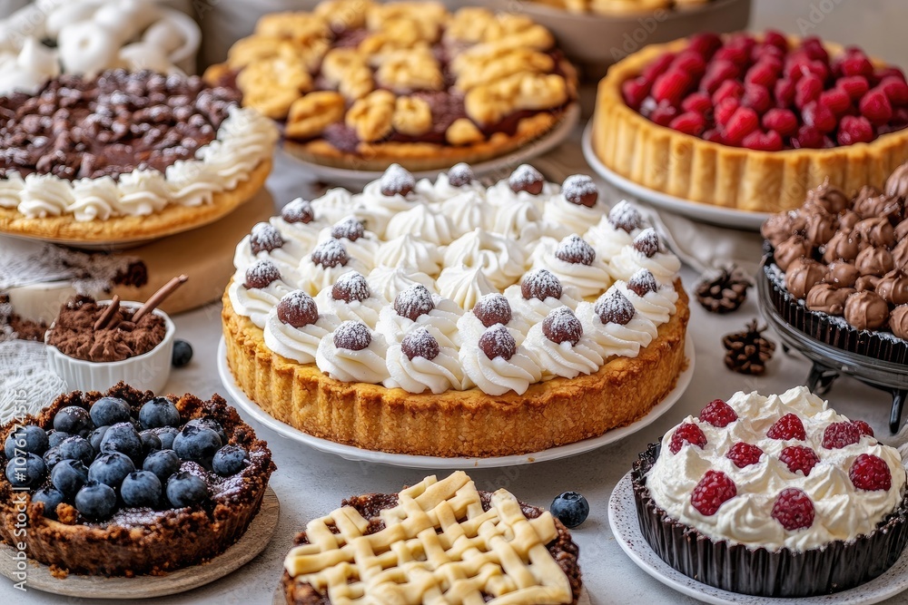 Delicious pies and tarts with whipped cream, berries and chocolate filling a table for a festive dessert buffet Delicious pies and tarts with whipped cream, berries and chocolate filling a table for a festive dessert buffet