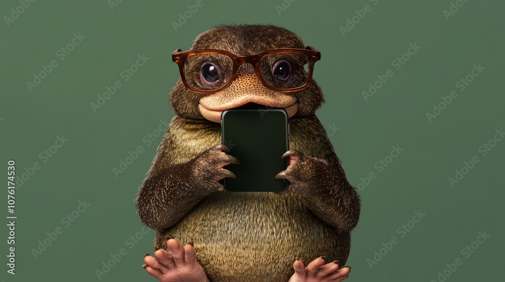 Fototapeta premium portrait of a cute animal holding a smartphone and wearing glasses