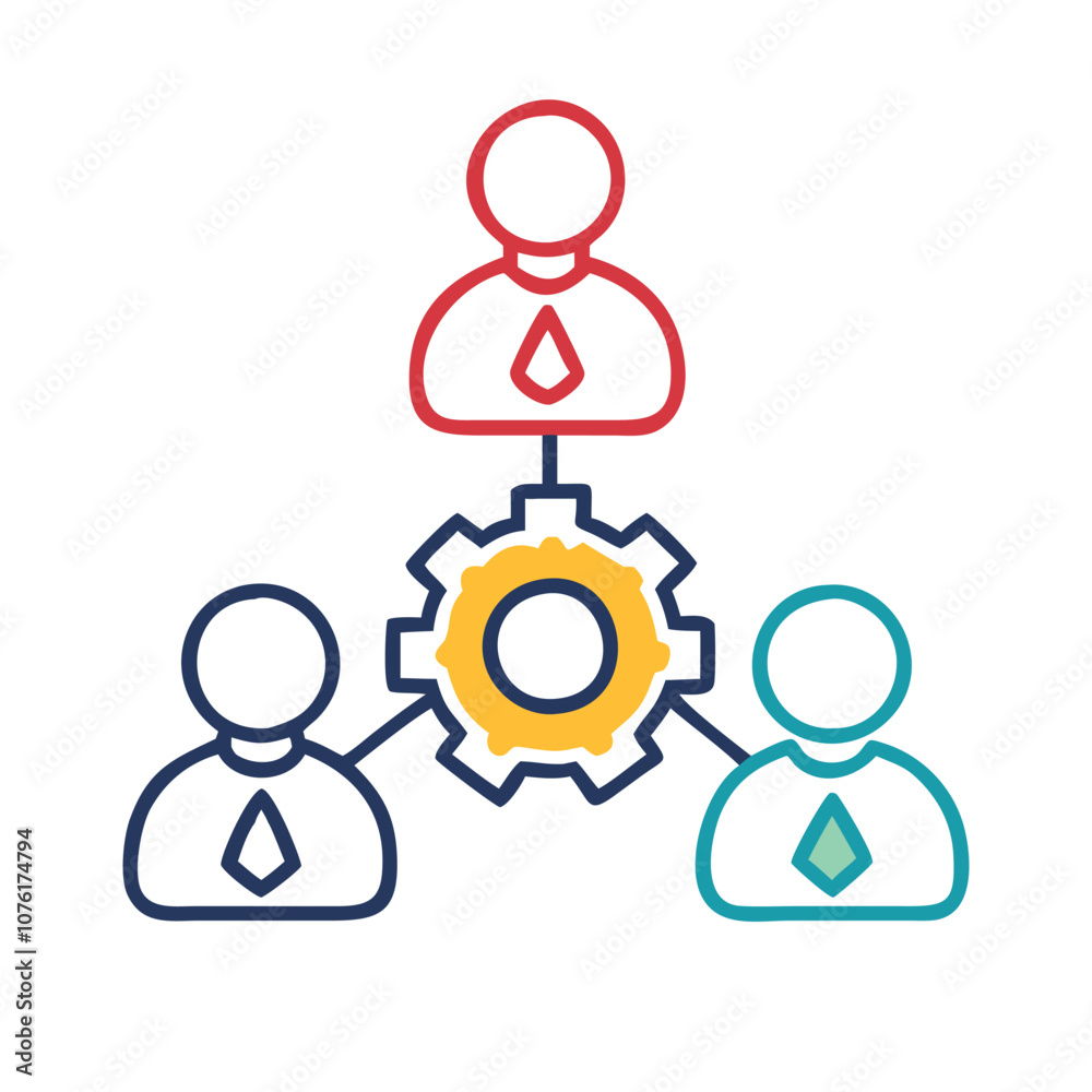 Business teamwork icon with gear connection, Illustration of three businesspeople connected to a central gear, symbolizing teamwork, collaboration, and efficient project management.
Business teamwork icon with gear connection, Illustration of three businesspeople connected to a central gear, symbolizing teamwork, collaboration, and efficient project management.