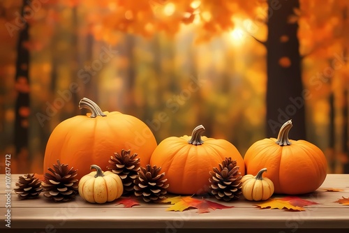 Autumn outdoor setup with pumpkins, leaves, pine cones, and soft warm bokeh lighting