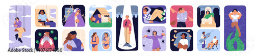 Different human phobias set. Concepts of fears: claustrophobia, acrophobia, sociophobia. Scared characters suffer from panic, mental problems, psychological disorders. Flat vector illustrations