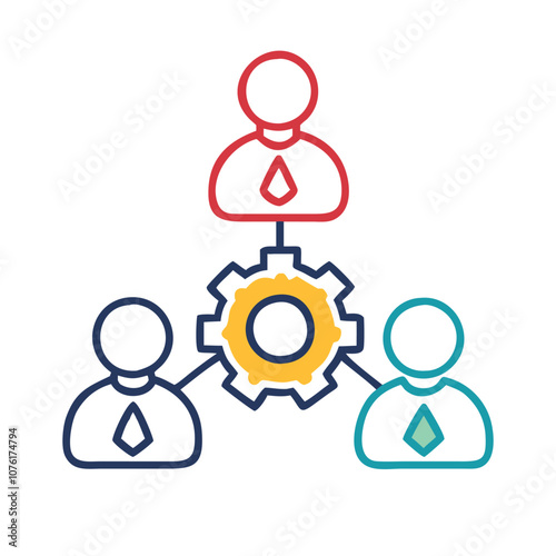 Business teamwork icon with gear connection, Illustration of three businesspeople connected to a central gear, symbolizing teamwork, collaboration, and efficient project management.
