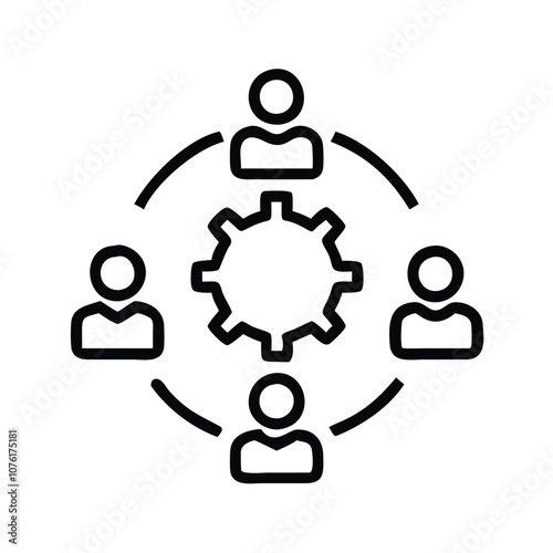 Teamwork icon with connected gear symbol, Vector icon of four people connected around a gear, representing teamwork, collaboration, and project management in business settings.
