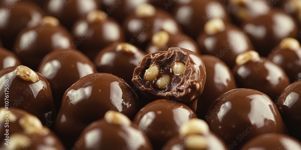 Delicious chocolates covered in nuts are showcased in an up close view of these confectionery products, highlighting their sweet and nutty appeal. Delicious chocolates covered in nuts are showcased in an up close view of these confectionery products, highlighting their sweet and nutty appeal.