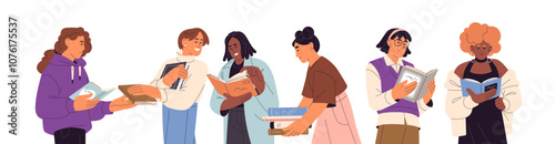 Row of happy readers hold books in hands. Bookcrossing concept. People, student exchange stories, novels together. Girls learning literature. Flat isolated vector illustration on white background
