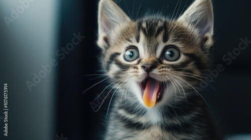 Adorable kitten with a yellow tongue is playful and curious, creating a charming scene. This adorable kitten captures attention, with ample space for text or design elements.