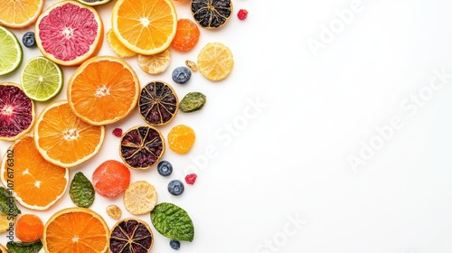 Assorted dry brunch fruits arranged beautifully on a white background, offering a vibrant display of assorted dry brunch fruits. Ideal for food-related themes with ample copy space. photo