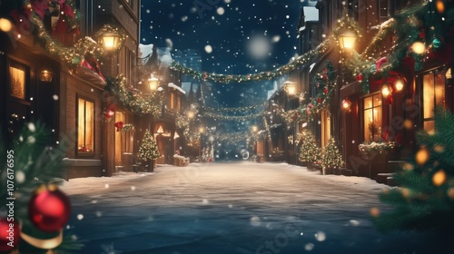 Christmas street scene with festive decorations and copy space