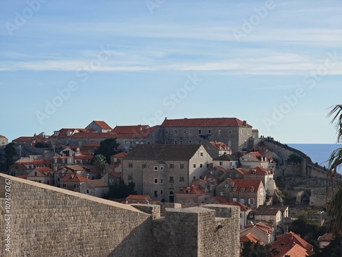 Dubrovnik old town with a fortification and blue sky.