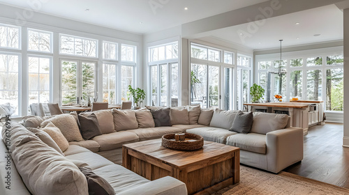 Minimalist living room with open-concept design. Neutral color. Cozy Living