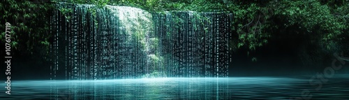 Serene waterfall cascading into tranquil pool surrounded by lush greenery. photo