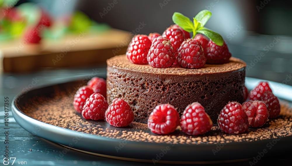 Chocolate Cake with Raspberries and Mint Garnish Chocolate Cake with Raspberries and Mint Garnish