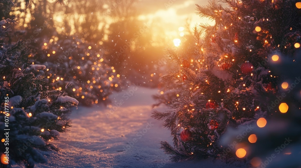 Fototapeta premium Christmas magic fills the atmosphere during sunset, creating a serene and enchanting scene. The vibrant colors enhance the feel of Christmas magic, ideal for festive visuals with copy space.